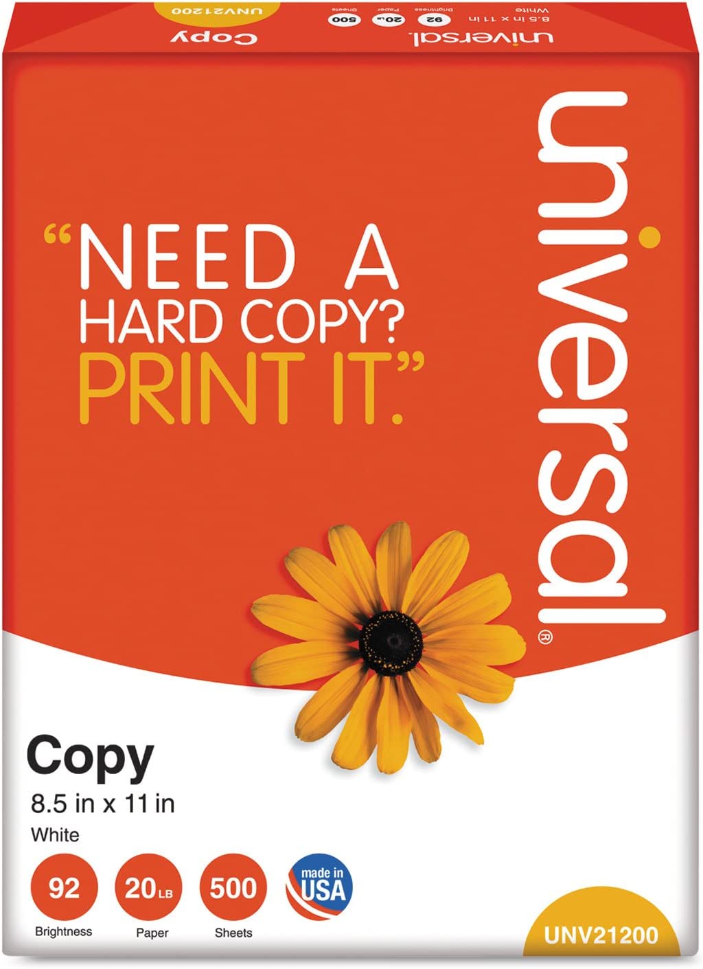 Universal 21200 Copy Paper, 92 Brightness, 20lb, 8-1/2 x 11, White, 5000 Sheets/Case
