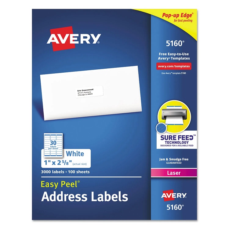 Avery White Address Labels Laser Printers 1 x 2.63 30/Sheet 100 Sheets/Box