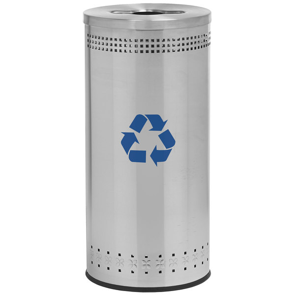 Commercial Zone 7818299 Precision 25 Gallon Imprinted Stainless Steel Round Trash Receptacle with Recycler Lid and Decals