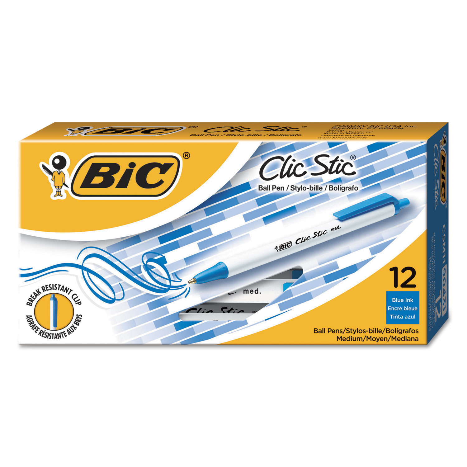 Bic Clic Stic Retractable Ballpoint Pen - Medium 1 mm, Blue Ink, White Barrel, 12/Box
