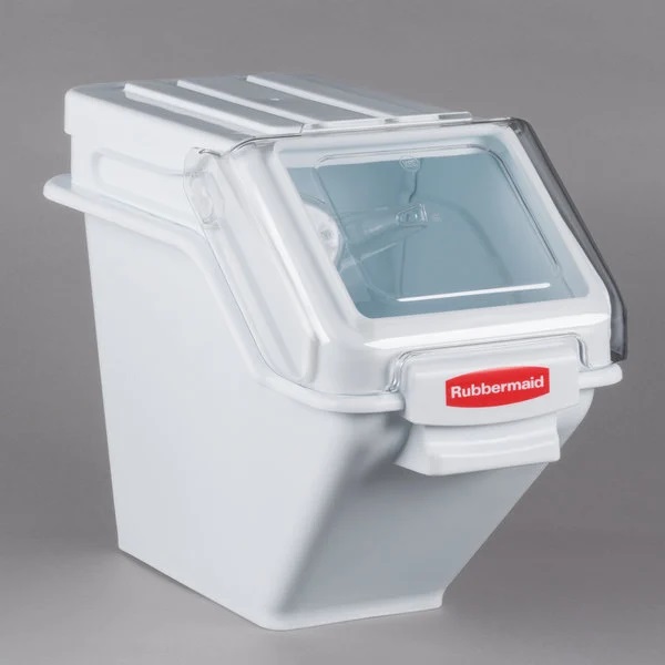 Rubbermaid ProSave 6.3 Gallon / 100 Cup White Shelf Ingredient Storage Bin with Sliding Lid & Scoop